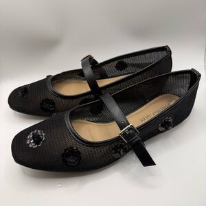 Sincerely Jules Black Mesh MaryJane Flats Womens Size 8.5 Black Beaded Flowers